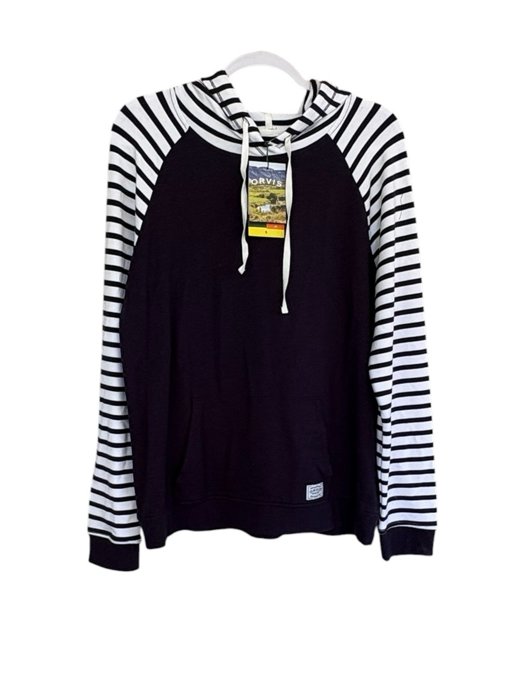 New Orvis Black Hoodie with White & Black Striped Sleeves Size S